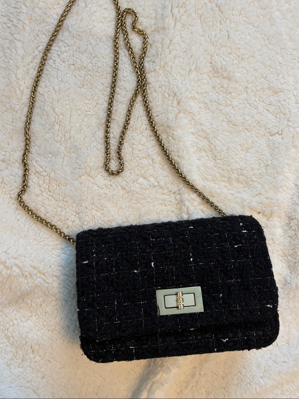Black Tweed Chain Shoulder Bag with Gold Hardware